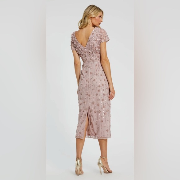 Pink Cap Sleeve Column Midi Dress With Floral Beading - Picture 6 of 10